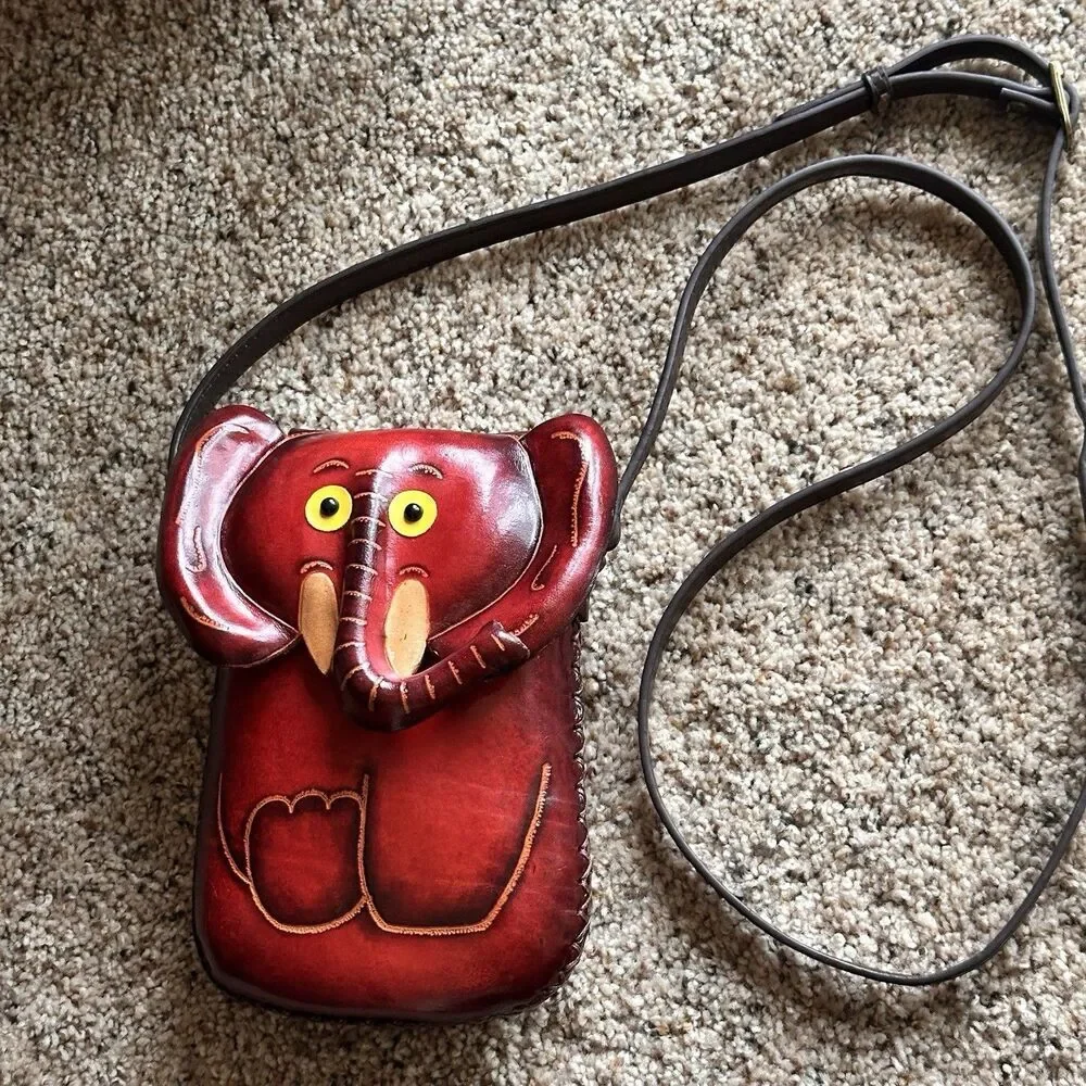 Genuine Handmade Leather Bag Crossbody Elephant Cellphone Coin Purse Red Girls